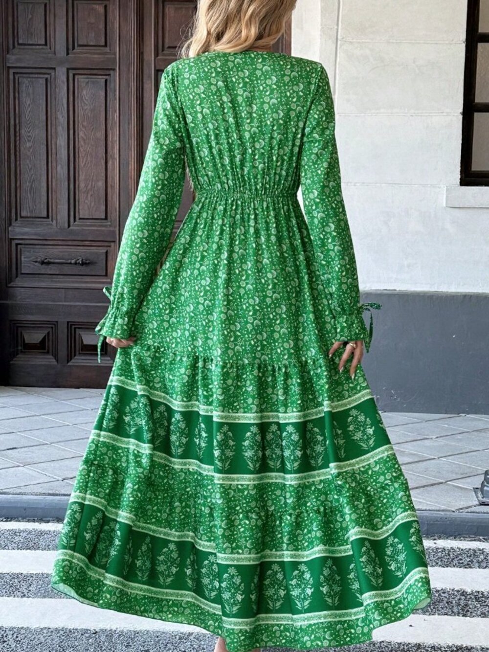 Green Boho Women's Floral Print Knot Front Flounce Sleeve Ruffle Hem Maxi Dress - Picture 2 of 5